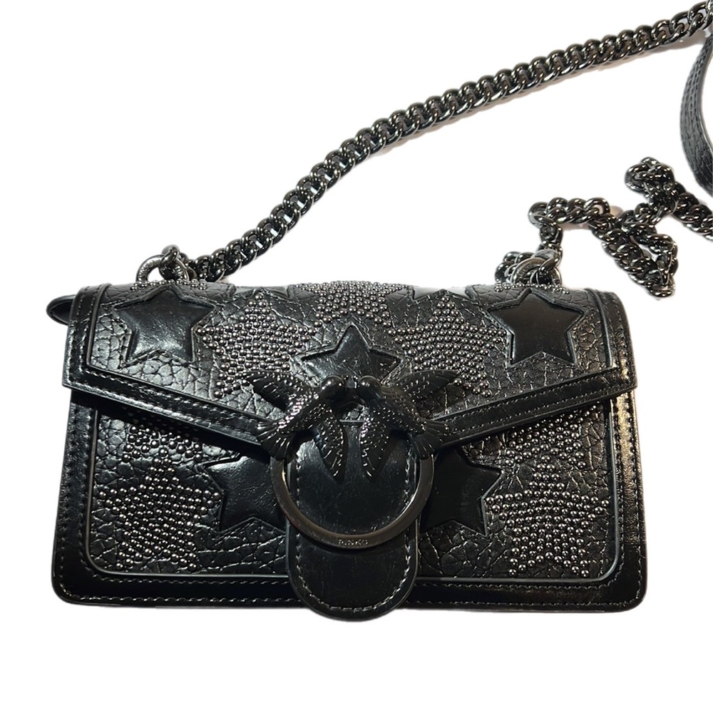 Pinko Crossbody Starry Skies Love Stud Black Leather Bag Silver Chain 8”x5” - Picture 3 of 15
